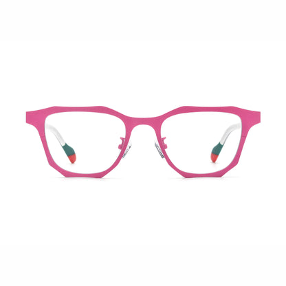 Barledear Fuchsia Jade eyeglasses front view with pink titanium square frame, light temples, and green-red temple tips