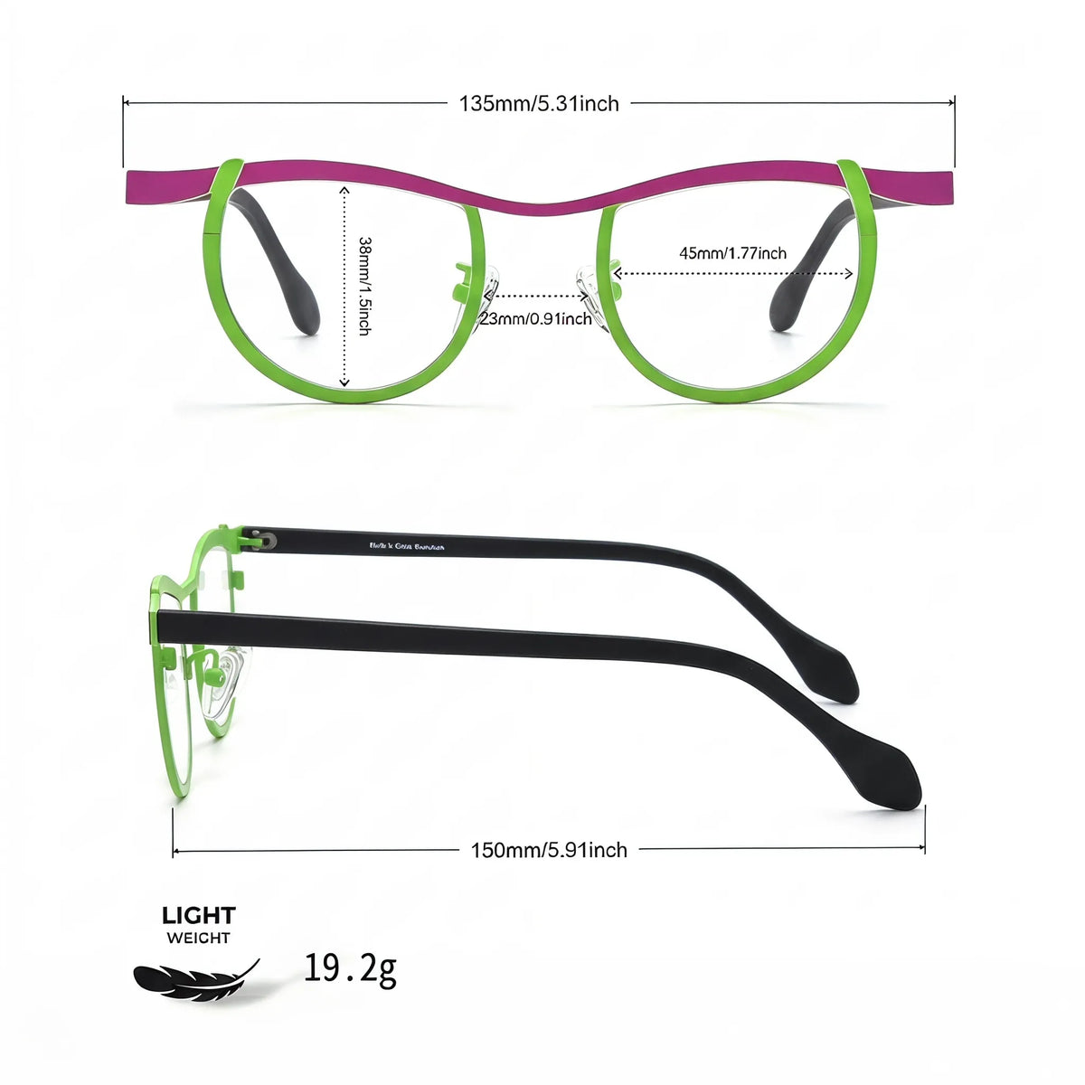Barledear Fuchsia Lime Noir eyeglasses size chart with frame width lens width bridge and temple measurements