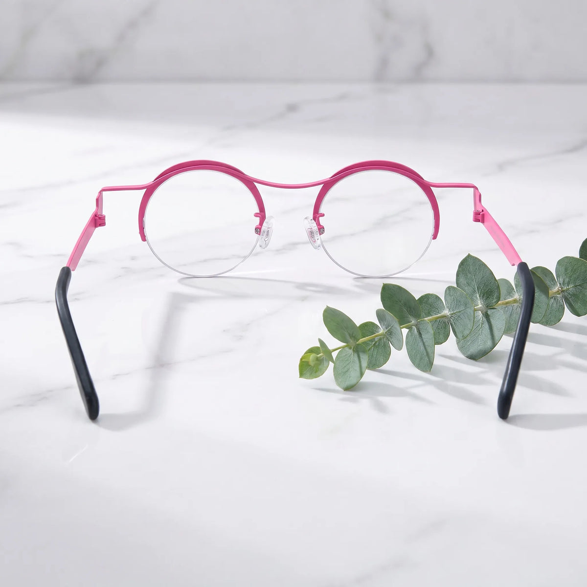 Barledear Fuchsia Marble eyeglasses back view showing adjustable silicone nose pads, temple shape, and lightweight frame structure