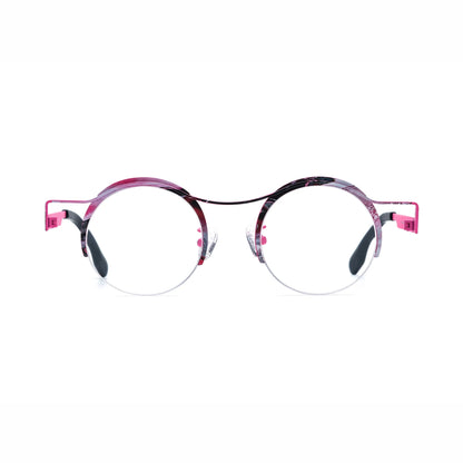 Barledear Fuchsia Marble eyeglasses front view with lightweight round pure titanium semi-rimless frame and adjustable nose pads