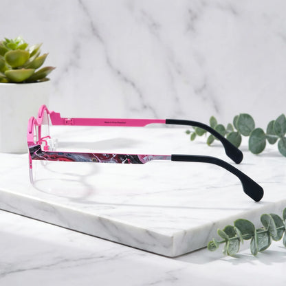 Barledear Fuchsia Marble eyeglasses size chart with 137mm frame width, 46mm lens width, 24mm bridge, 145mm temple length, and 14.0g weight
