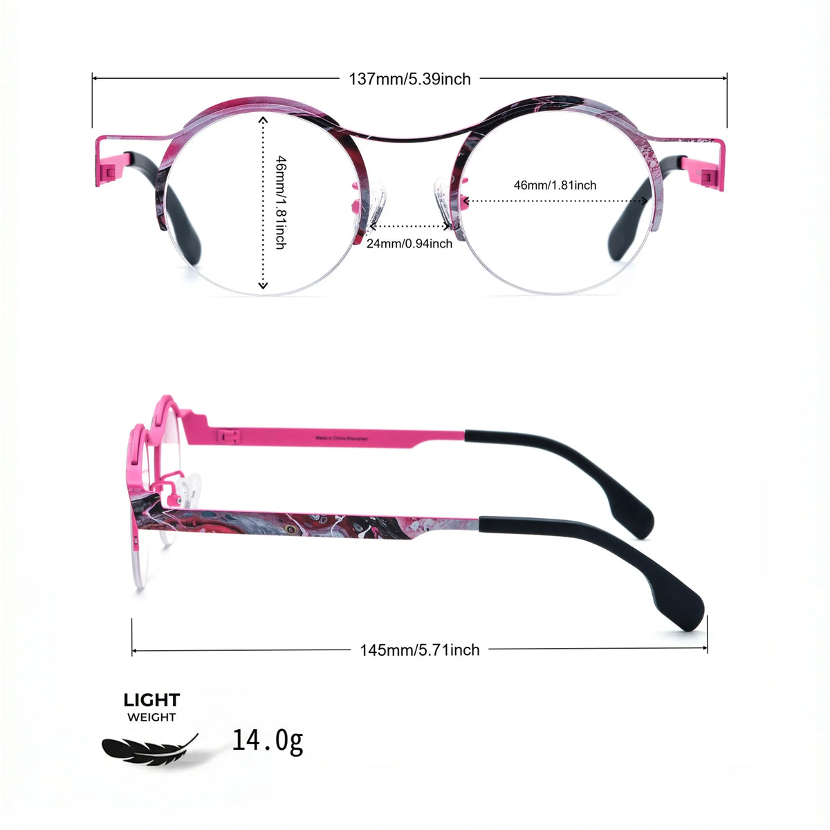 Model wearing Barledear Fuchsia Marble eyeglasses in a lifestyle portrait showing retro round semi-rimless titanium frame style