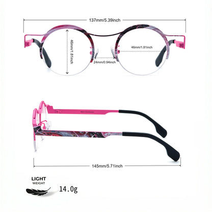 Model wearing Barledear Fuchsia Marble eyeglasses in a lifestyle portrait showing retro round semi-rimless titanium frame style