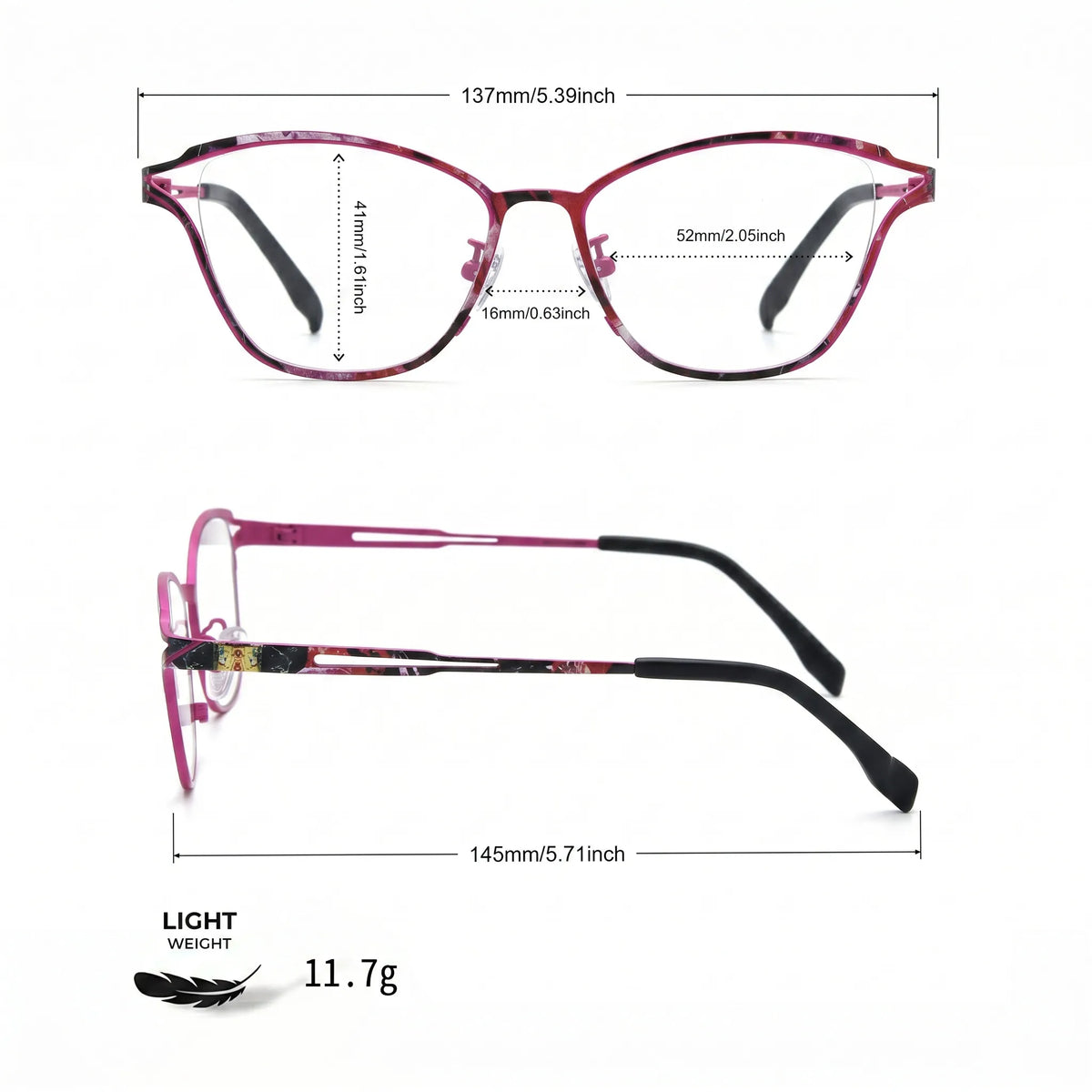 Barledear Fuchsia Mosaic eyeglasses size chart with 137 mm frame width, 52 mm lens width, 41 mm lens height, 16 mm bridge, and 145 mm temple