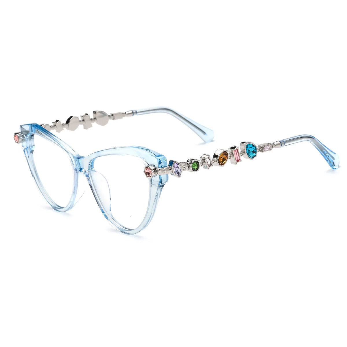 Barledear Glacier Blue eyeglasses angled side view highlighting multicolor geometric crystal accents along the silver-tone temples
