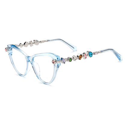 Barledear Glacier Blue eyeglasses angled side view highlighting multicolor geometric crystal accents along the silver-tone temples