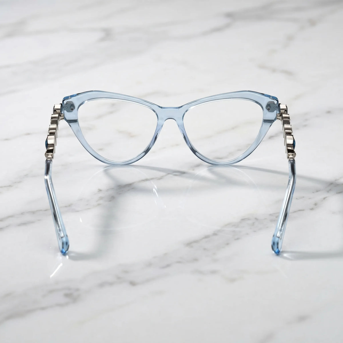 Barledear Glacier Blue eyeglasses back view showing the full-rim cat-eye structure, molded nose pads, and transparent acetate temple tips