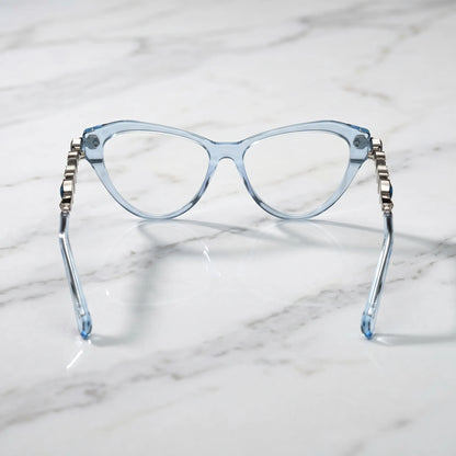 Barledear Glacier Blue eyeglasses back view showing the full-rim cat-eye structure, molded nose pads, and transparent acetate temple tips