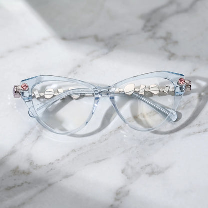 Barledear Glacier Blue eyeglasses folded display showing the clear acetate front, integrated nose bridge, and decorative silver-tone temples