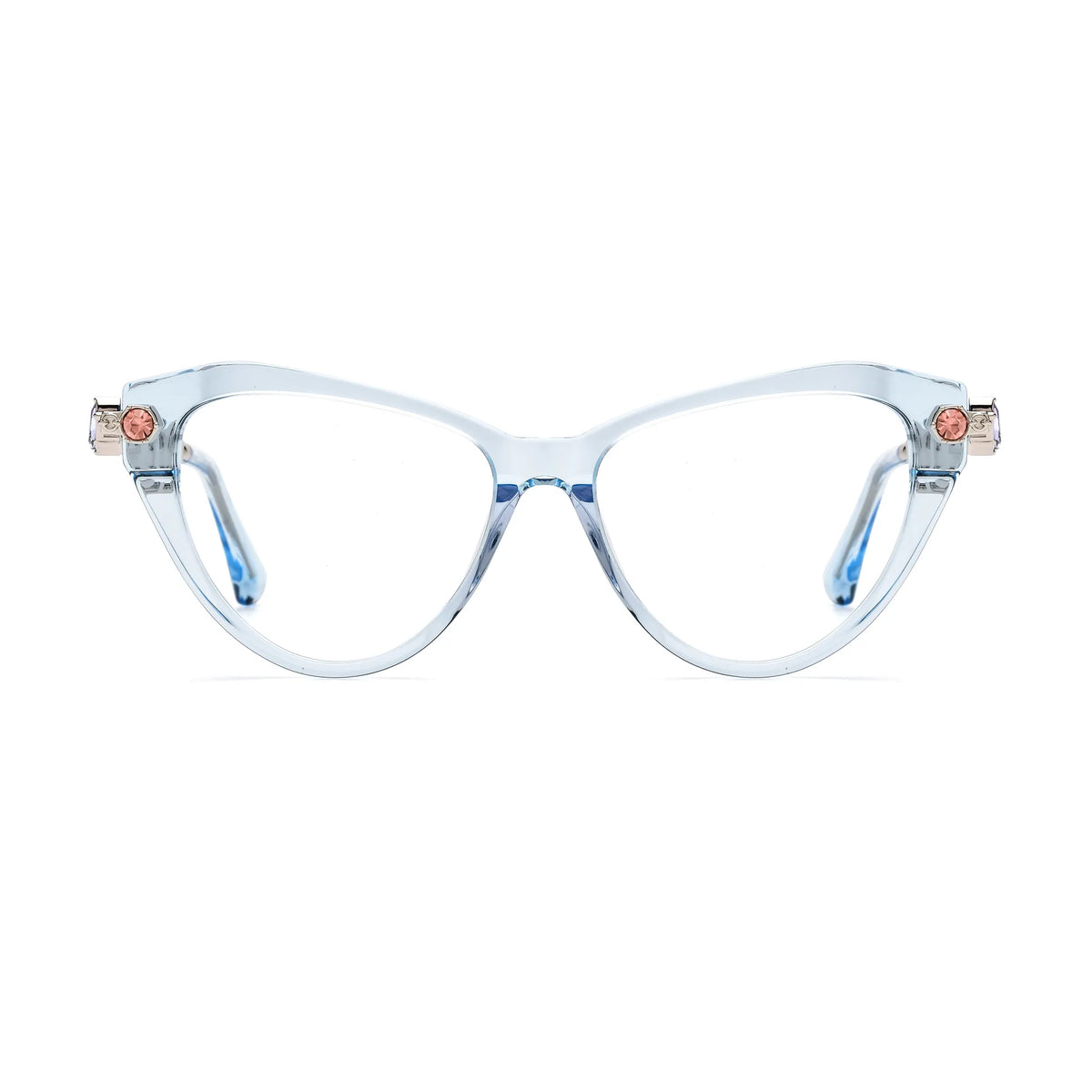 Barledear Glacier Blue geometric cat-eye eyeglasses front view with a transparent icy blue acetate frame and silver-tone jeweled temples