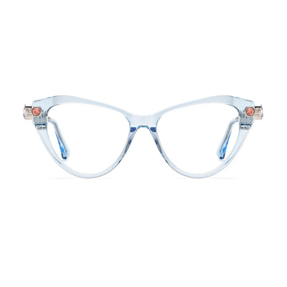 Barledear Glacier Blue geometric cat-eye eyeglasses front view with a transparent icy blue acetate frame and silver-tone jeweled temples
