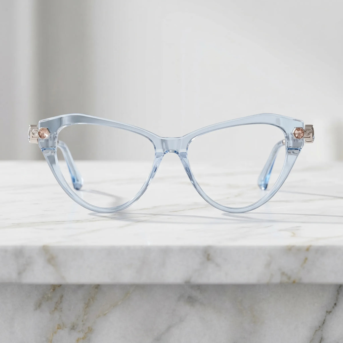 Barledear Glacier Blue cat-eye eyeglasses shown in a clean lifestyle front display with silver-tone multicolor crystal-accent temples