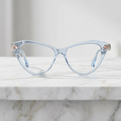 Barledear Glacier Blue cat-eye eyeglasses shown in a clean lifestyle front display with silver-tone multicolor crystal-accent temples