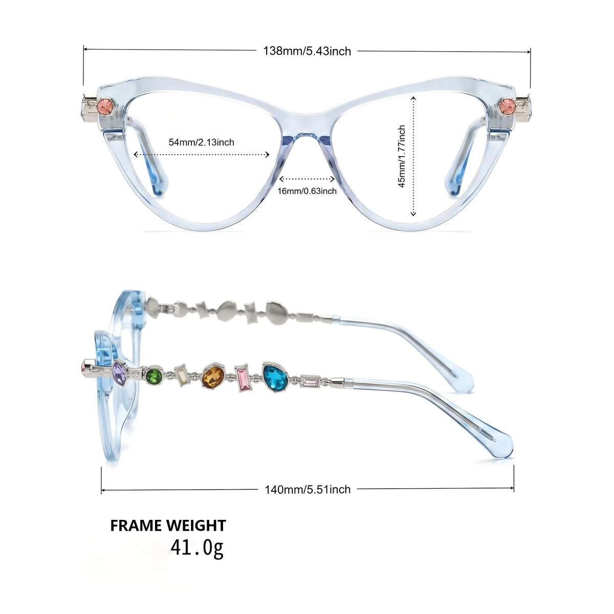 Barledear Glacier Blue cat-eye eyeglasses size chart showing 138 mm frame width, 54 mm lens width, 45 mm lens height, 16 mm bridge, and 140 mm temples