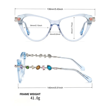 Barledear Glacier Blue cat-eye eyeglasses size chart showing 138 mm frame width, 54 mm lens width, 45 mm lens height, 16 mm bridge, and 140 mm temples