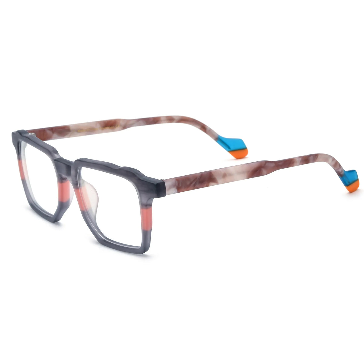 Barledear Graphite Blush eyeglasses angled side view showing translucent marbled temples and blue orange temple tips