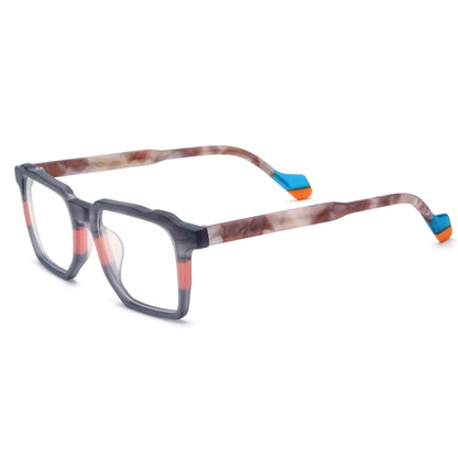 Barledear Graphite Blush eyeglasses angled side view showing translucent marbled temples and blue orange temple tips