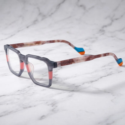 Barledear Graphite Blush eyeglasses angled side view showing translucent marbled temples and blue orange temple tips