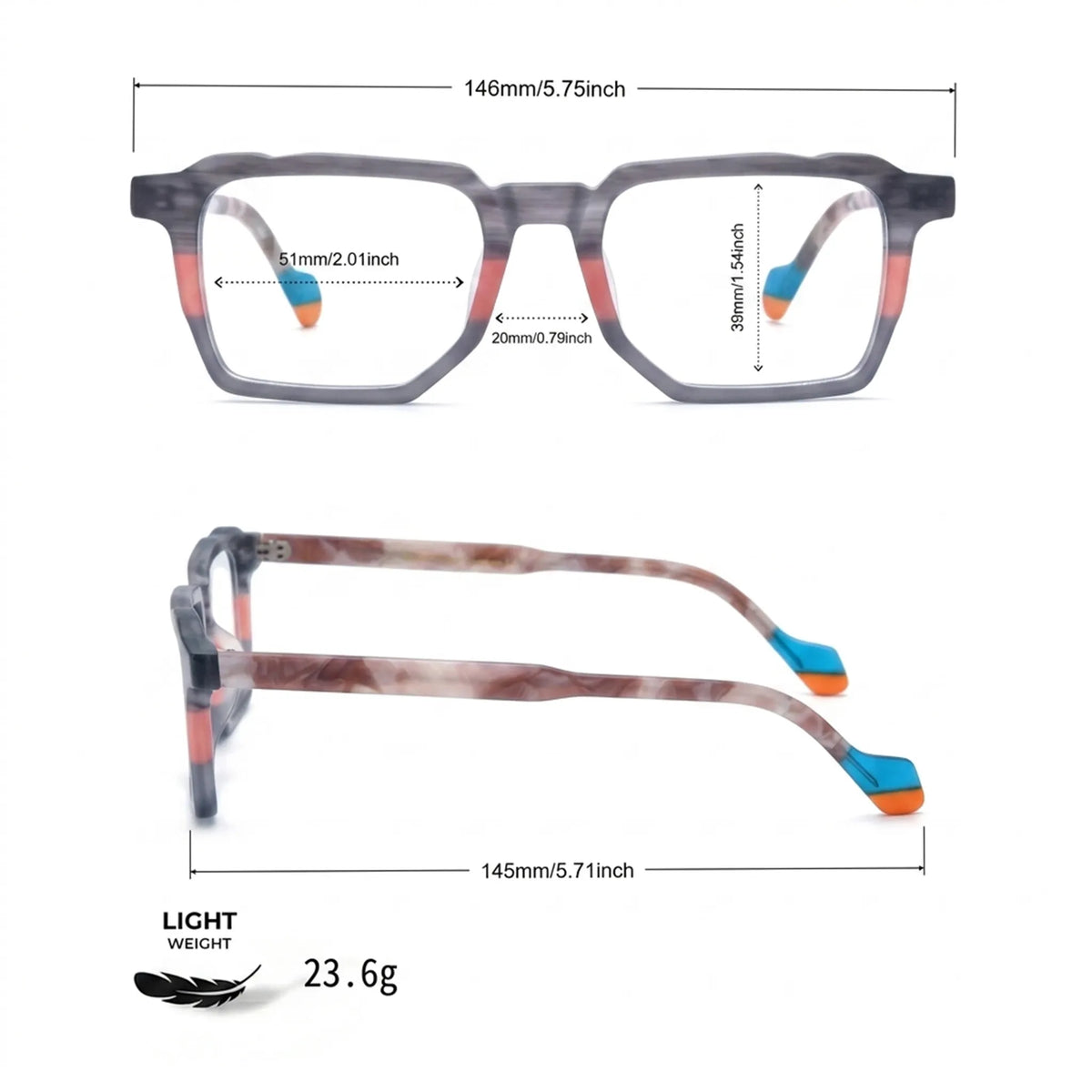 Barledear Graphite Blush eyeglasses size chart with 146 mm frame width 51 mm lenses 20 mm bridge and 145 mm temples