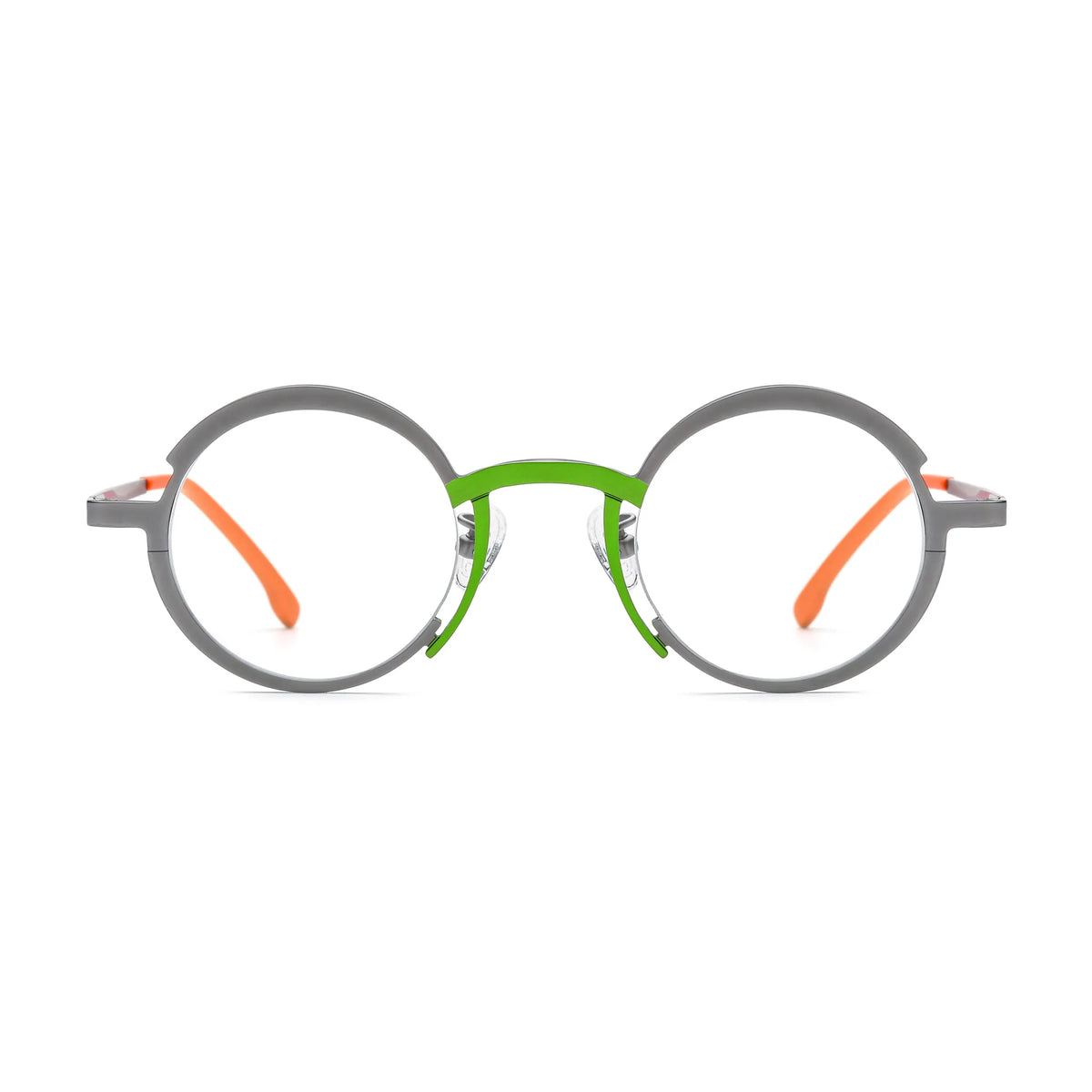 Barledear Graphite Gray Citrus Orange eyeglasses front view with a lightweight pure titanium round frame and color-block bridge design