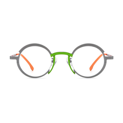 Barledear Graphite Gray Citrus Orange eyeglasses front view with a lightweight pure titanium round frame and color-block bridge design