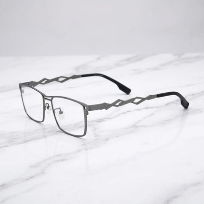 Barledear Graphite Gunmetal eyeglasses angled side view showing geometric cutout temples and lightweight metal structure