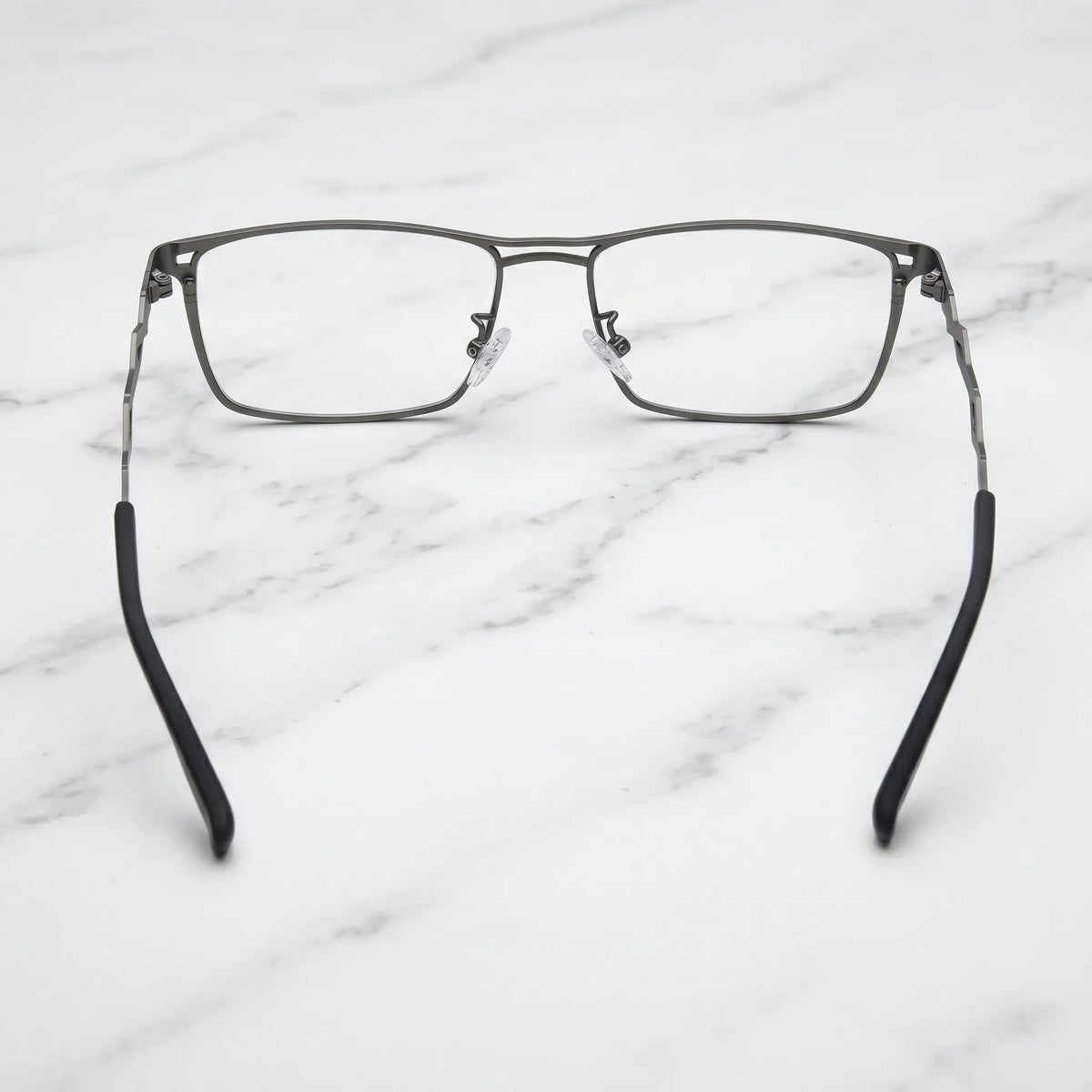 Barledear Graphite Gunmetal eyeglasses back view showing adjustable nose pads, full-rim frame, and temple construction