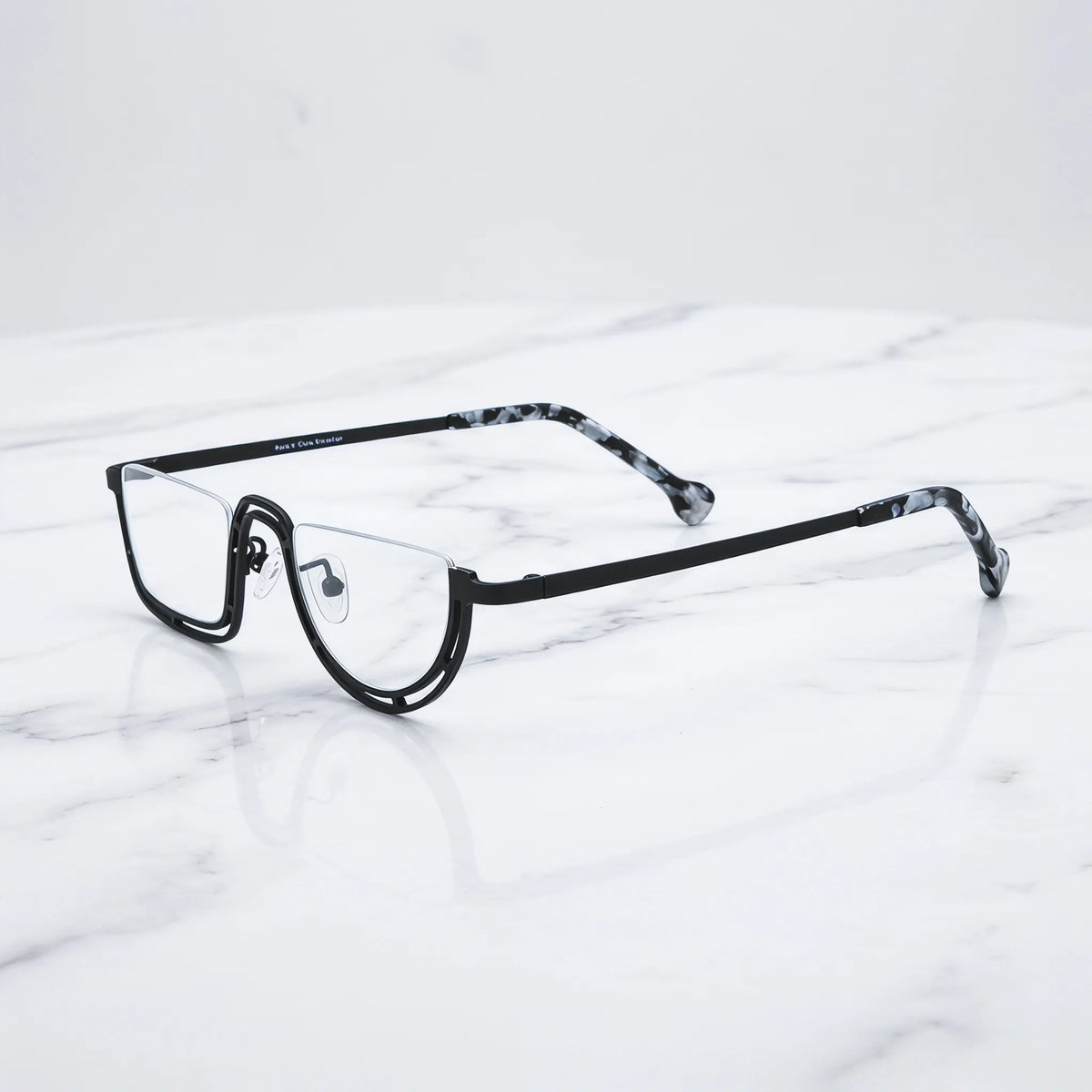 Barledear Graphite Mosaic Black eyeglasses angled side view showing patterned titanium temples and bridge