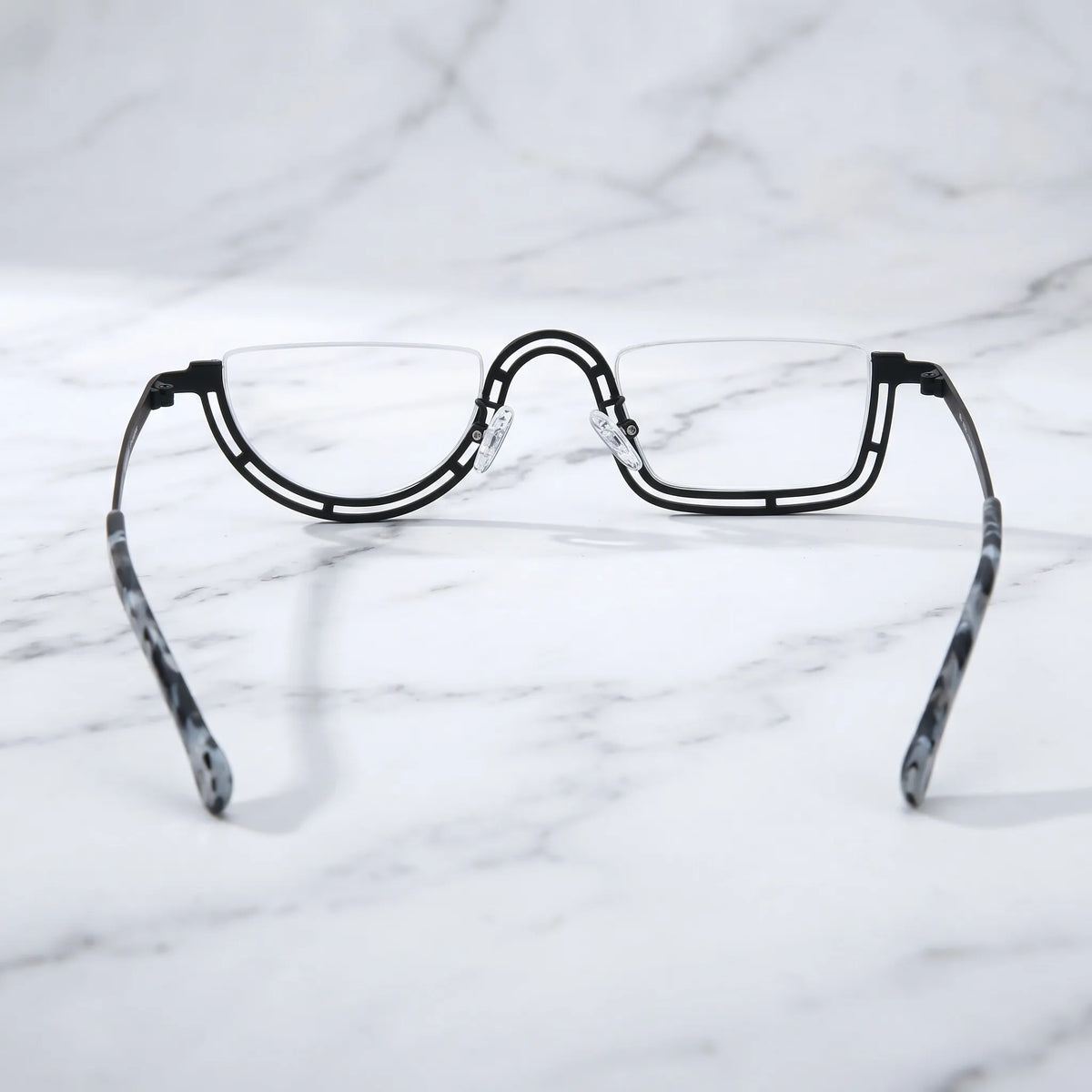 Barledear Graphite Mosaic Black eyeglasses back view showing temple shape and semi-rim frame structure