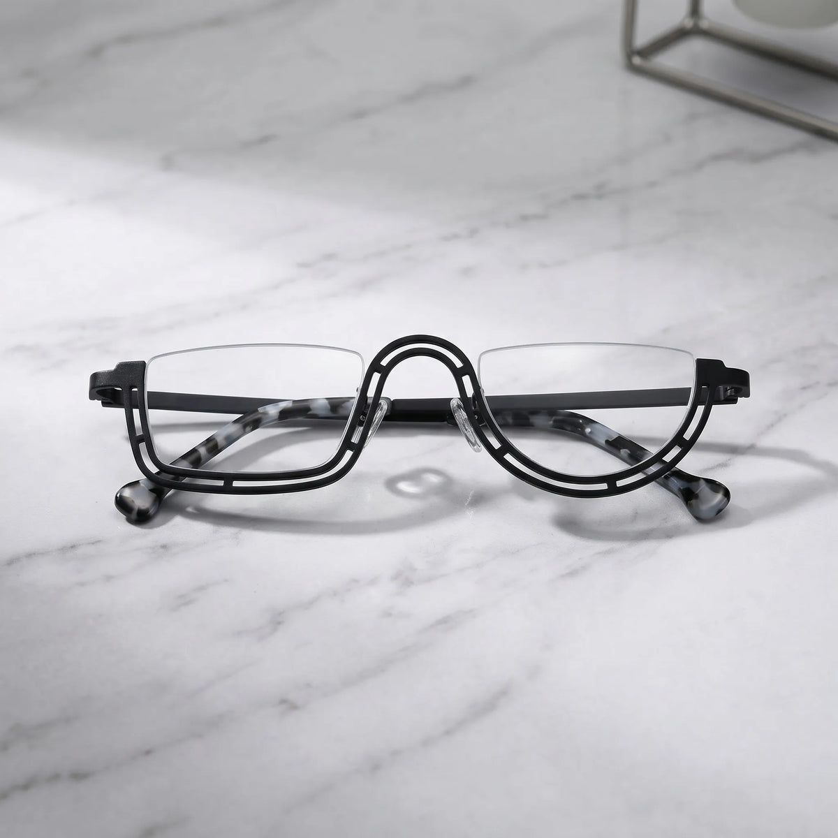 Barledear Graphite Mosaic Black eyeglasses folded display showing slim temples and artistic frame design
