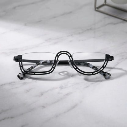 Barledear Graphite Mosaic Black eyeglasses folded display showing slim temples and artistic frame design