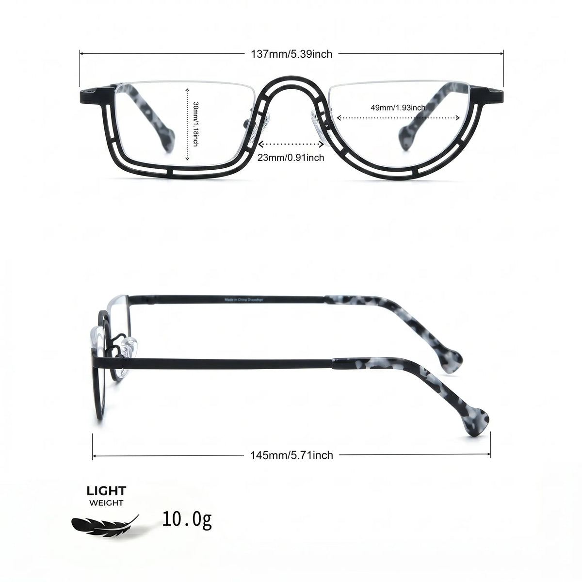 Barledear Graphite Mosaic Black eyeglasses size chart with 137 mm frame width 49 mm lens width 30 mm lens height 23 mm bridge and 145 mm temple