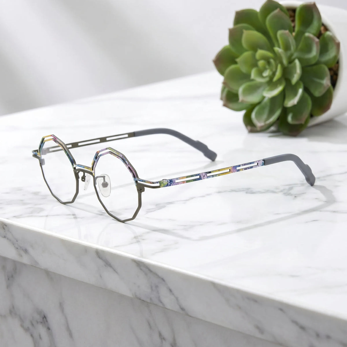 Barledear Graphite Mosaic eyeglasses angled side view showing slim cutout temples and bridge detail