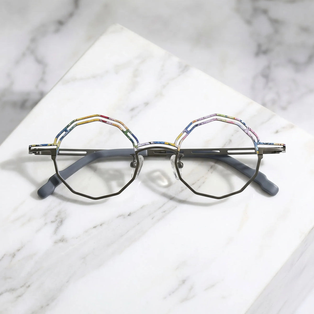 Barledear Graphite Mosaic eyeglasses folded display showing frame and temple design