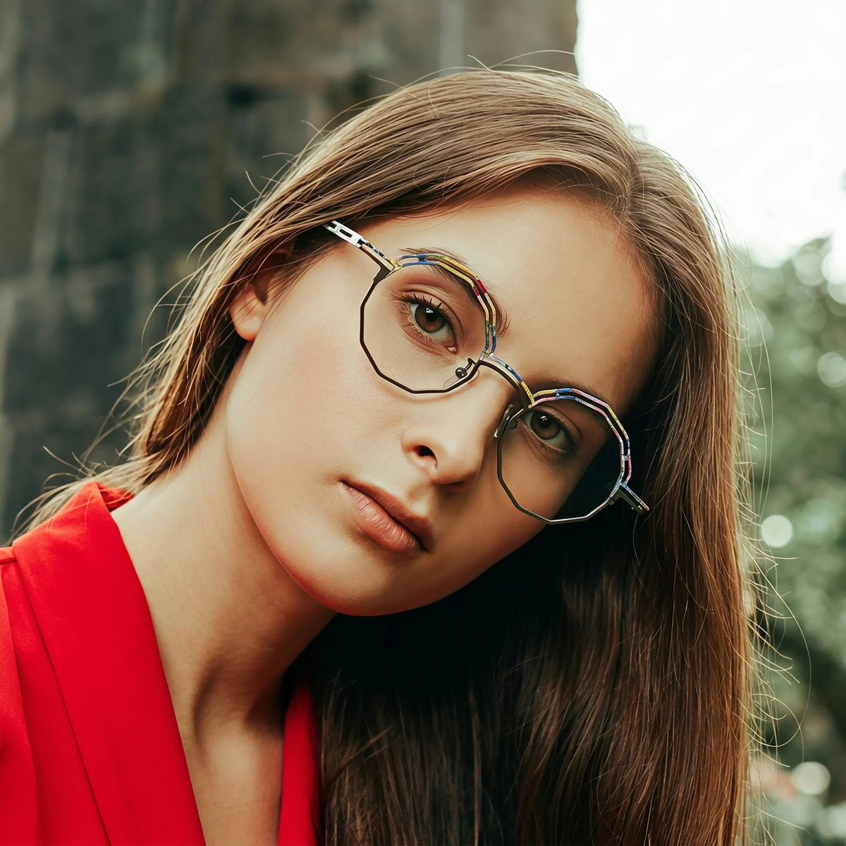 Model wearing Barledear Graphite Mosaic eyeglasses in a lifestyle portrait