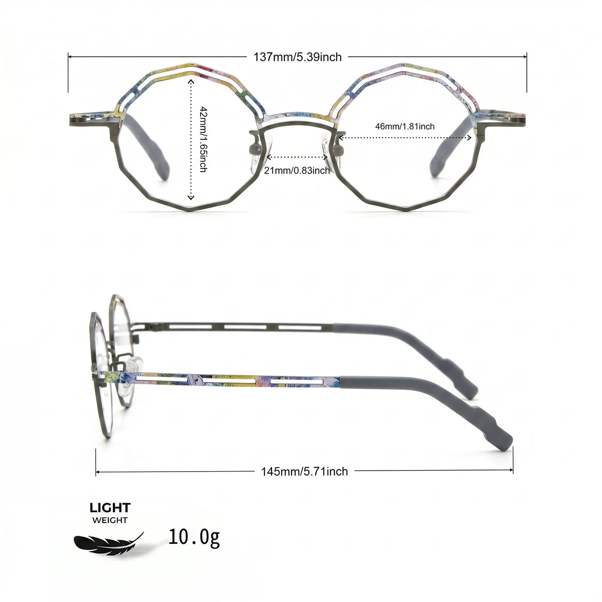 Barledear Graphite Mosaic eyeglasses size chart with 137mm frame width 46mm lens width 21mm bridge and 145mm temples