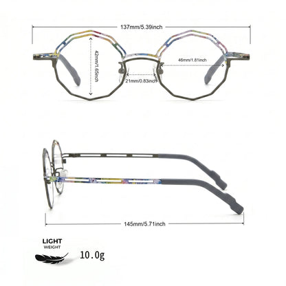 Barledear Graphite Mosaic eyeglasses size chart with 137mm frame width 46mm lens width 21mm bridge and 145mm temples