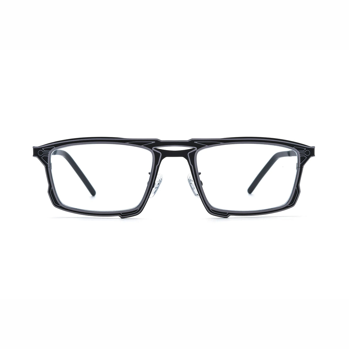 Barledear Graphite Noir eyeglasses front view with lightweight square pure titanium frame and futuristic geometric line detailing