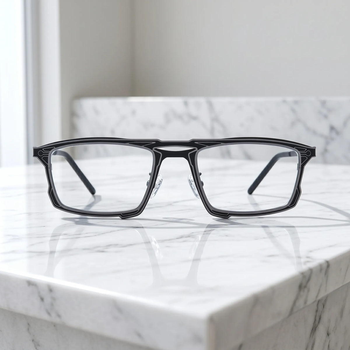 Barledear Graphite Noir eyeglasses shown in a clean lifestyle front view with modern square titanium frame styling