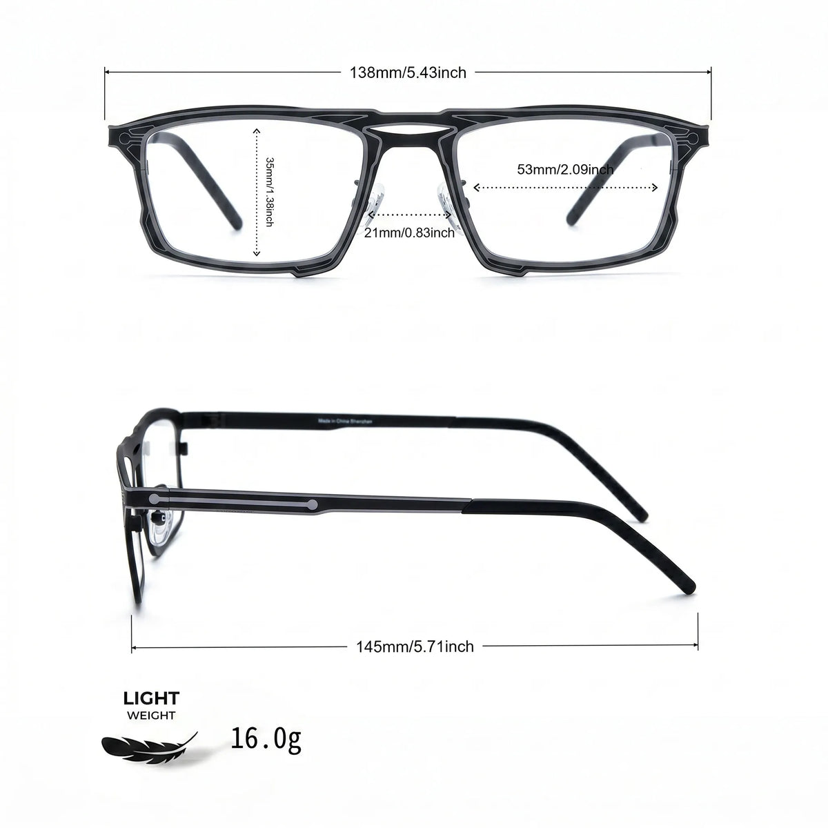 Barledear Graphite Noir eyeglasses size chart showing 138 mm frame width, 53 mm lens width, 35 mm lens height, 21 mm bridge, and 145 mm temple length