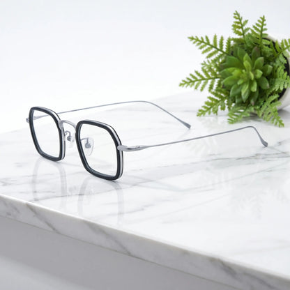 Barledear Graphite Titanium Silver eyeglasses angled side view showing slim titanium temples and bridge detail