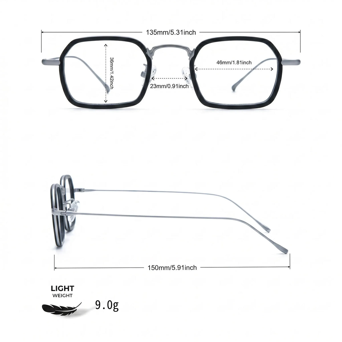 Barledear Graphite Titanium Silver eyeglasses size chart with frame width lens width bridge and temple measurements