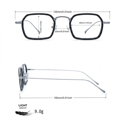 Barledear Graphite Titanium Silver eyeglasses size chart with frame width lens width bridge and temple measurements