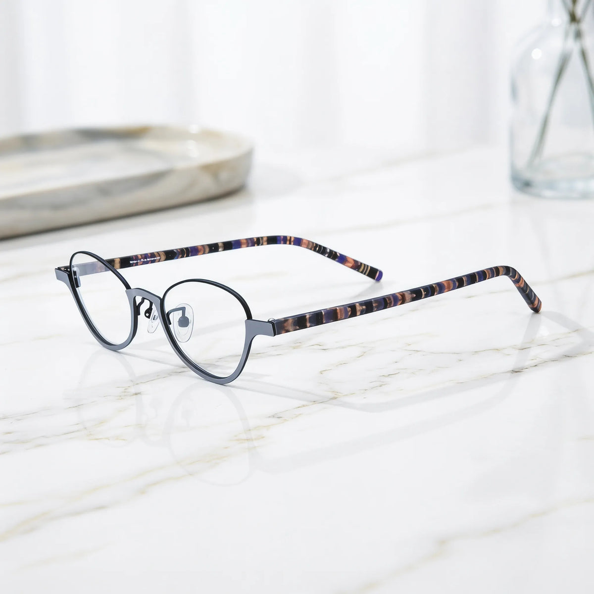 Barledear Graphite Tortoise eyeglasses angled side view showing patterned temple arms adjustable nose pads and bridge detail
