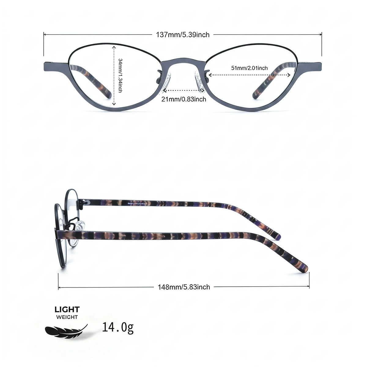 Barledear Graphite Tortoise eyeglasses size chart with 137 mm frame width 51 mm lens width 34 mm lens height 21 mm bridge and 148 mm temple length