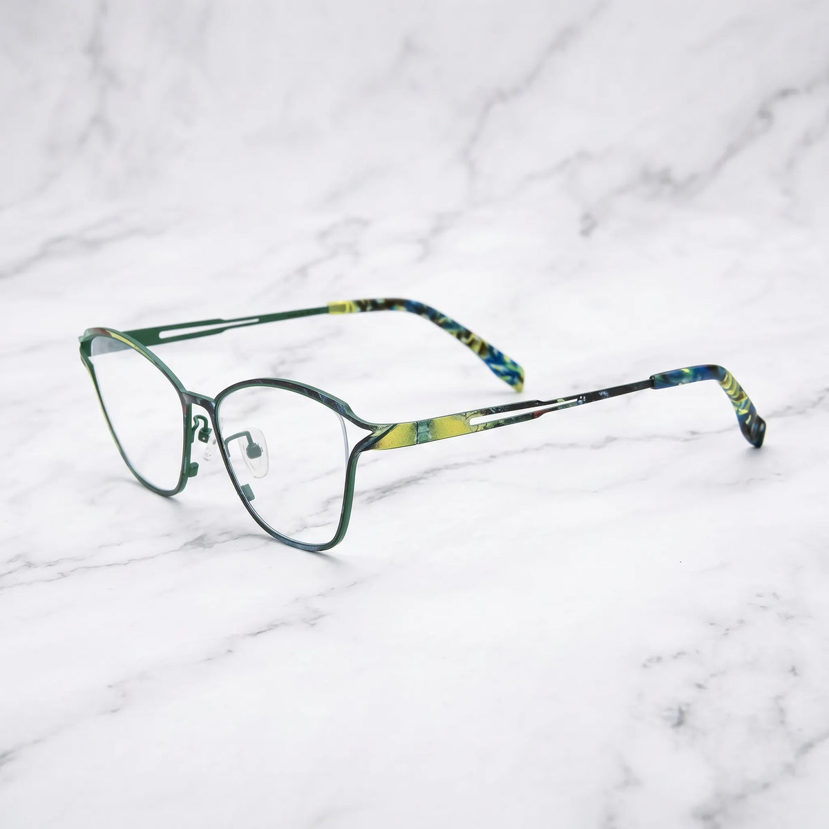 arledear Green Mosaic eyeglasses angled side view showing slim cutout temples and adjustable nose pads