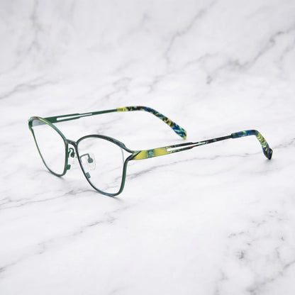 arledear Green Mosaic eyeglasses angled side view showing slim cutout temples and adjustable nose pads