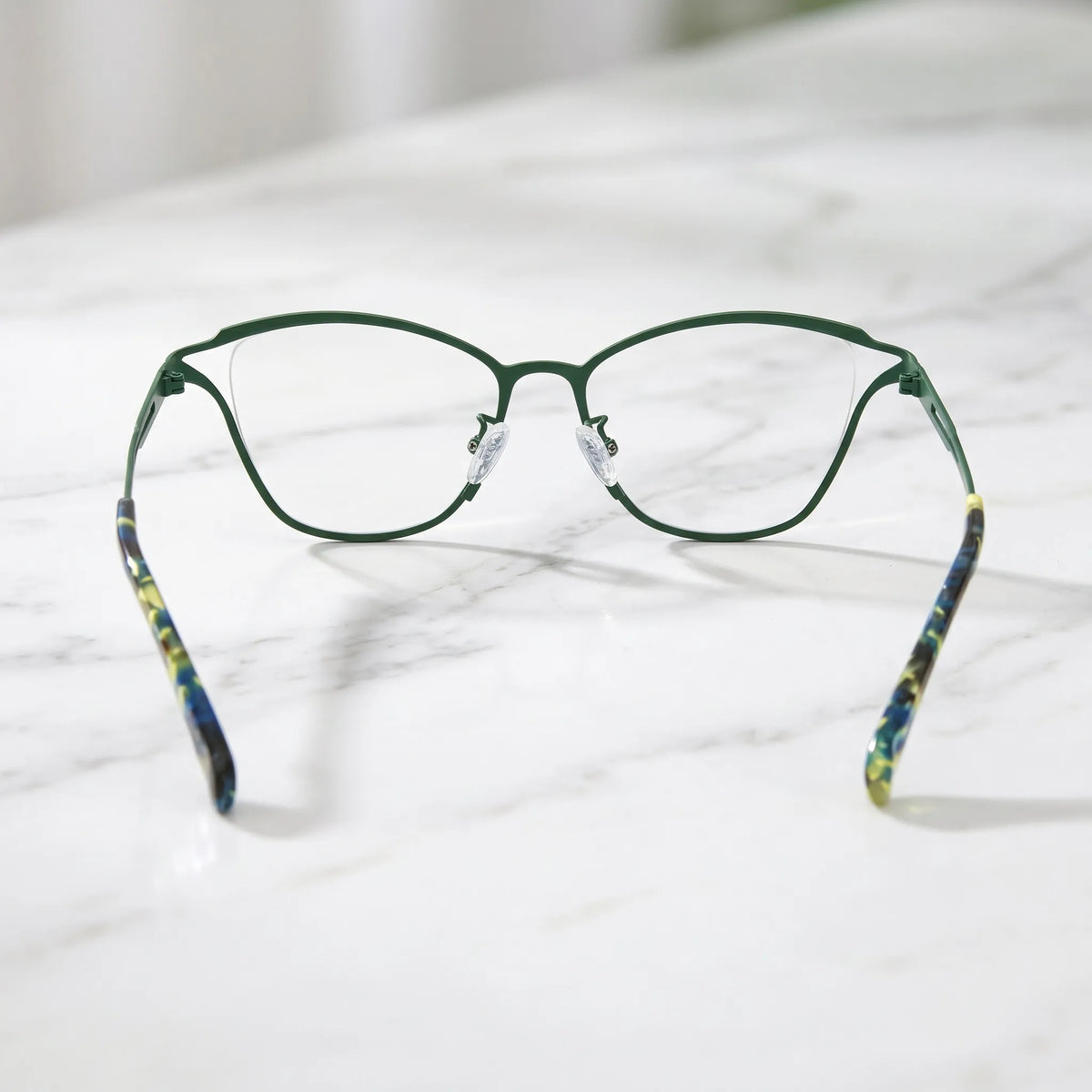 Barledear Green Mosaic eyeglasses back view showing full-rim frame structure, temple shape, and silicone nose pads