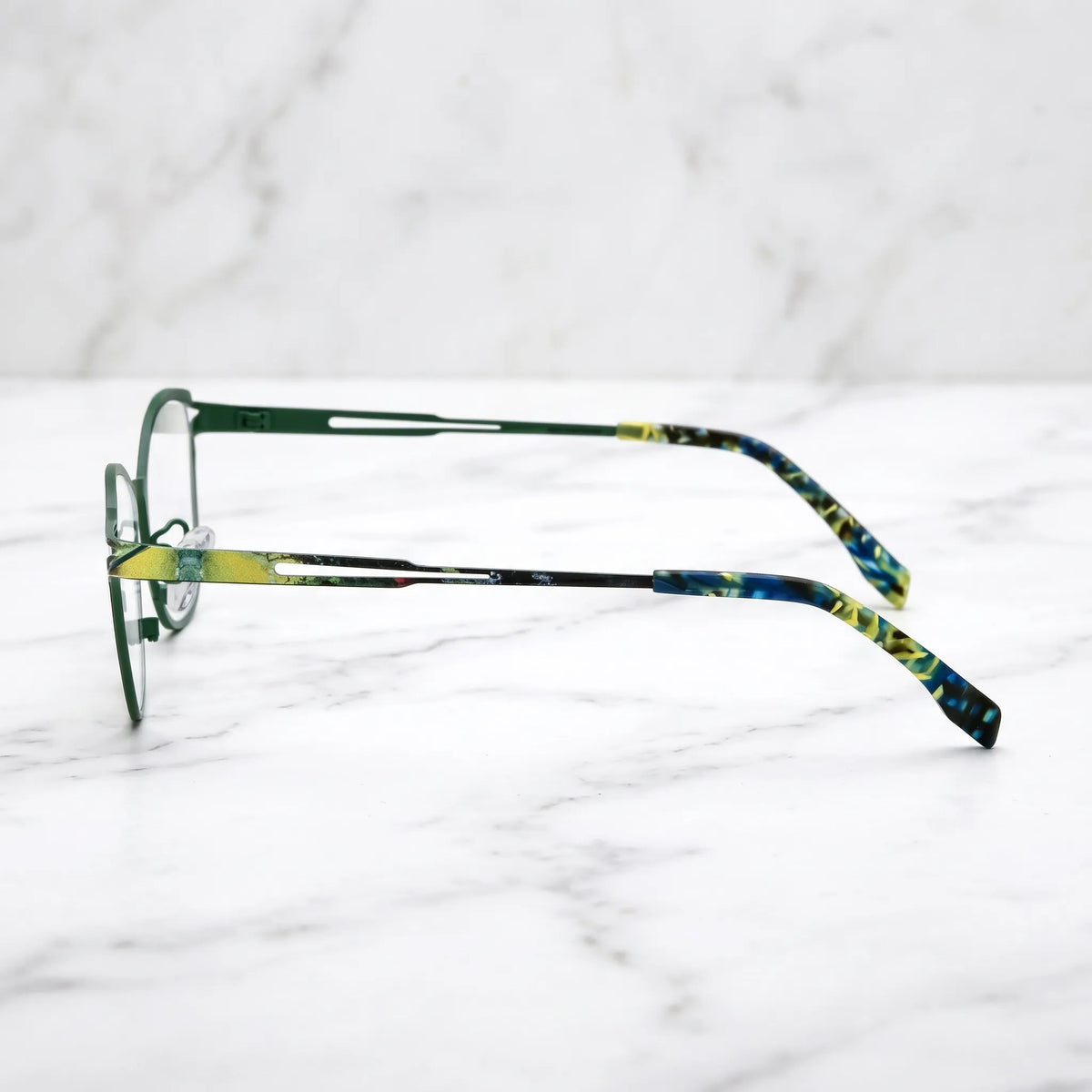 Barledear Green Mosaic eyeglasses angled side view showing slim cutout temples and adjustable nose pads