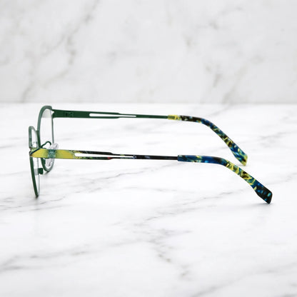 Barledear Green Mosaic eyeglasses angled side view showing slim cutout temples and adjustable nose pads